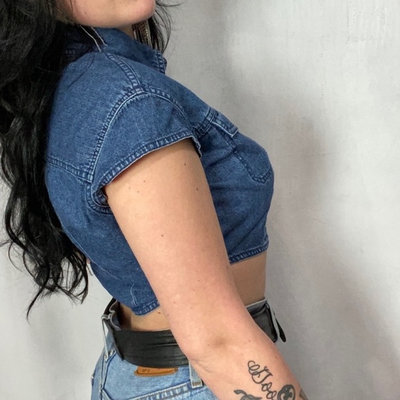 VINTAGE HARLEY DAVIDSON DENIM EMBROIDERED CROP TOP - Picture 5 of 6